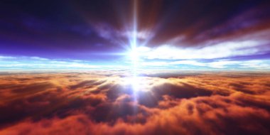 Bulutların üzerinde günbatımı güneş ışığı illüstrasyonu, 3 boyutlu görüntüleme