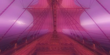 Eski gemi günbatımında deniz 3D resimleme