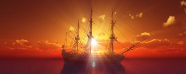 Eski gemi günbatımında deniz 3D resimleme