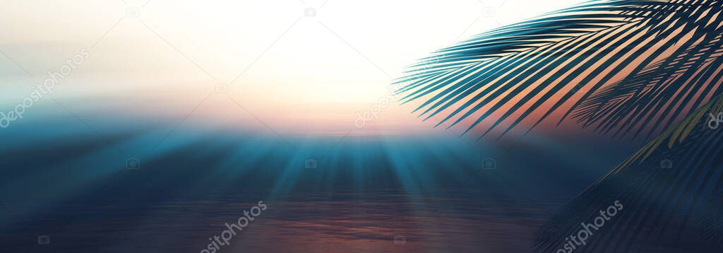 sunset sea palm landscape illustration, 3d render