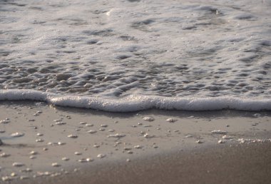 Dalgalar deniz kıyısı makrosu sıçratıyor. Yaklaş.