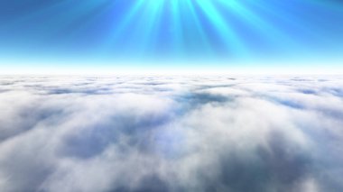 Bulutların üzerinde güneş ışınları, 3 boyutlu resimleme