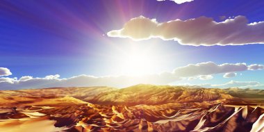 Çölde kum tepeleri batıyor. 3d resimleme