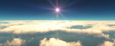 Bulutların üzerinde uç günbatımı manzarası. 3d resimleme