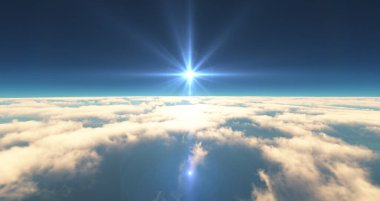 Bulutların üzerinde uç günbatımı manzarası. 3d resimleme