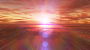 Bulutların üzerinde uç günbatımı manzarası, üç boyutlu resimleme