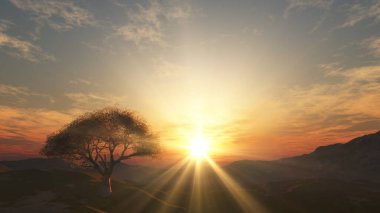 Çayırda gün batımı ve yalnız ağaç, üç boyutlu resimleme
