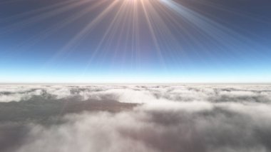Bulutların üzerinde güneş ışınları, 3 boyutlu resimleme