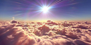 Bulutların üzerinde uç günbatımı manzarası, üç boyutlu resimleme