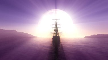 Denizde eski bir gemi dolunay çizimi 3D