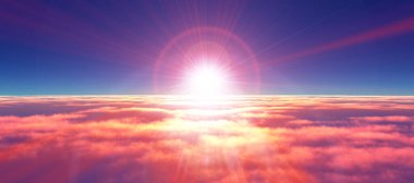 Bulutların üzerinde günbatımı güneş ışığı illüstrasyonu, 3 boyutlu görüntüleme