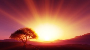 Çayırda gün batımı ve yalnız ağaç, üç boyutlu resimleme
