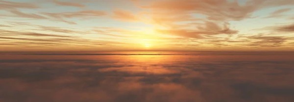 雲の上を飛ぶ夕日の風景3Dレンダリング図 — ストック写真