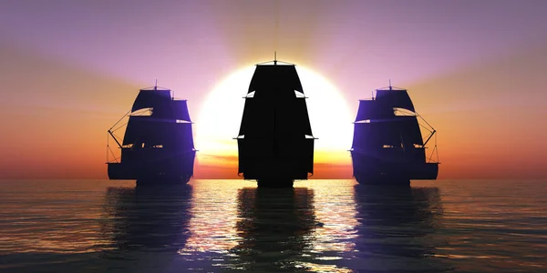 Oude Drie Schepen Zonsondergang Zee Weergave Illustratie — Stockfoto