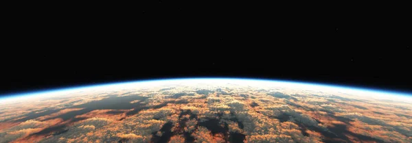 曇った海の上の宇宙からの地球の日の出 3Dレンダリング図 — ストック写真
