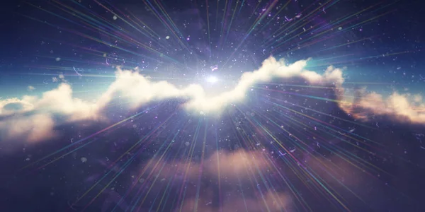 Bulutların üzerinde gün doğumu güneş ışığı çizimi, 3 boyutlu görüntüleme