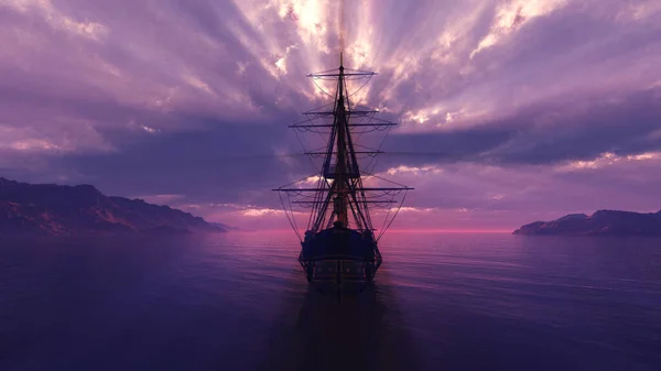 Oud Schip Zonsondergang Zee Illustratie Rendering — Stockfoto