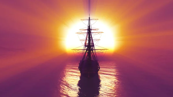 Oud Schip Zonsondergang Zee Illustratie Rendering — Stockfoto