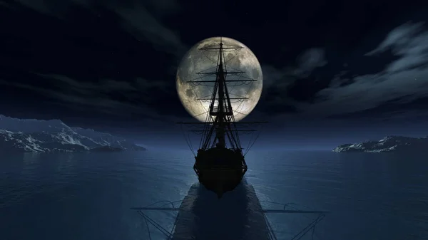 Vieux Navire Dans Nuit Pleine Lune Rendre Illustration — Photo