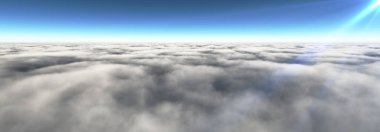 Bulutların üzerinde güneş ışınları, 3 boyutlu resimleme