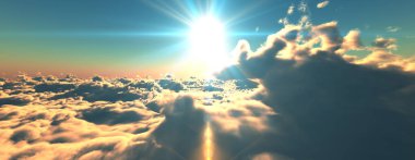 Bulutların üzerinde günbatımı güneş ışığı illüstrasyonu, 3 boyutlu görüntüleme