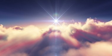 Bulutların üzerinde gün doğumu güneş ışığı çizimi, 3 boyutlu görüntüleme