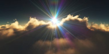 Bulutların üzerinde gün doğumu güneş ışığı çizimi, 3 boyutlu görüntüleme