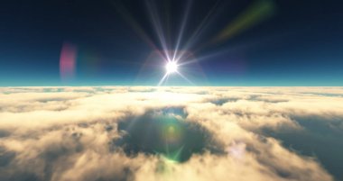 Bulutların üzerinde uç günbatımı manzarası. 3d resimleme