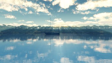 Tropikal gölün üzerinde güzel bir günbatımı, illüstrasyon 3D