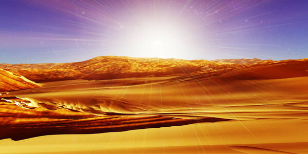 Dunes sunset over the desert. 3d rendering illustration