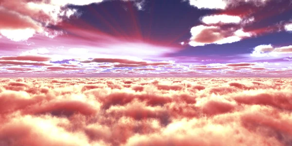 Über Wolken Fliegen Sonnenuntergang Sonnenstrahl Illustration Render Stockbild
