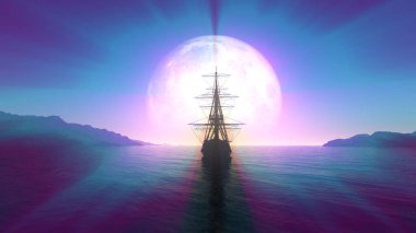 Denizde eski bir gemi dolunay çizimi 3D