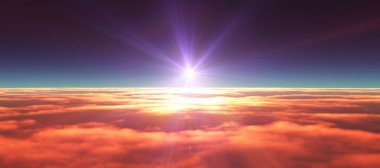 Bulutların üzerinde günbatımı güneş ışığı illüstrasyonu, 3 boyutlu görüntüleme