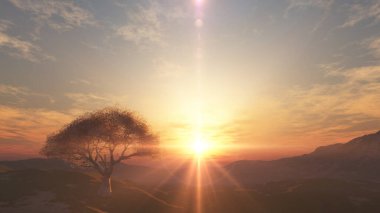 Çayırda gün batımı ve yalnız ağaç, üç boyutlu resimleme