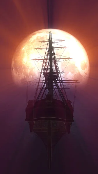 Viejo Barco Mar Luna Llena Ilustración Renderizado — Foto de Stock