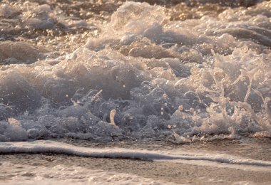 Dalgalar deniz kıyısı makrosu sıçratıyor. Yaklaş.