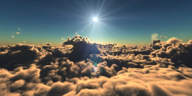 Bulutların üzerinde uç günbatımı manzarası, üç boyutlu resimleme