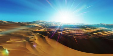 Çölde kum tepeleri batıyor. 3d resimleme