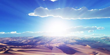 Çölde kum tepeleri batıyor. 3d resimleme