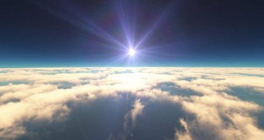 Bulutların üzerinde uç günbatımı manzarası. 3d resimleme