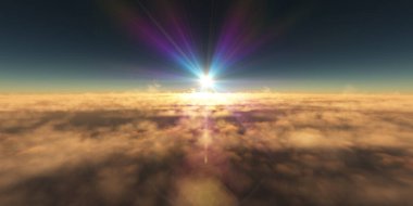 Bulutların üzerinde uç günbatımı manzarası, üç boyutlu resimleme