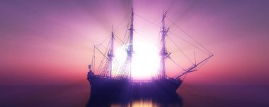 Eski gemi günbatımında deniz 3D resimleme