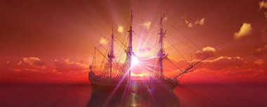 Eski gemi günbatımında deniz 3D resimleme