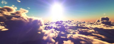 Bulutların üzerinde günbatımı güneş ışığı illüstrasyonu, 3 boyutlu görüntüleme