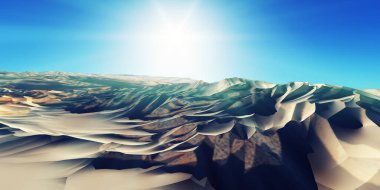 Çölde kum tepeleri batıyor. 3d resimleme