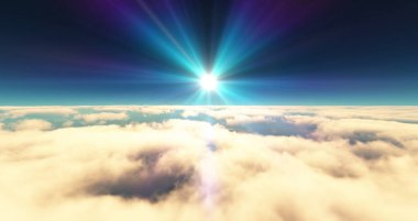 Bulutların üzerinde uç günbatımı manzarası. 3d resimleme