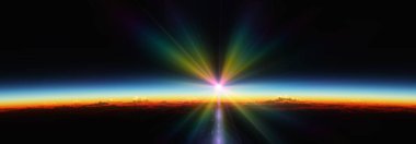 Bulutlu okyanus üzerinden Dünya 'nın doğuşu. 3d resimleme