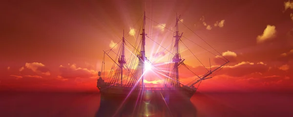 Viejo Barco Puesta Sol Mar Representación Ilustración — Foto de Stock