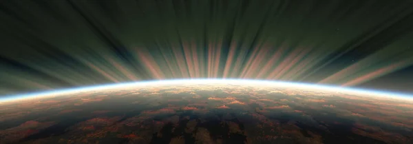 Salida Del Sol Aurora Espacial Ilustración Representación —  Fotos de Stock