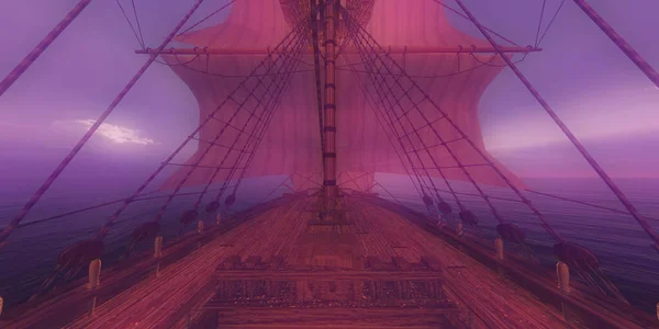 Stary Statek Zachód Słońca Morzu Ilustracji Renderowania — Zdjęcie stockowe